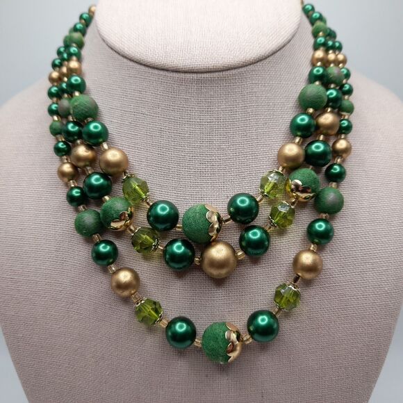 Vintage Japan 3-Strand Green Faux Pearl and Gold Tone Bead Necklace, 16" - Picture 15 of 16